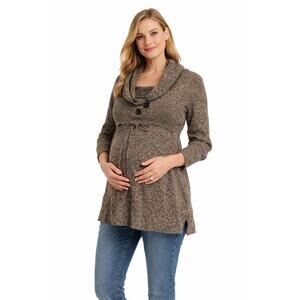 LR902 Womens M Maternity Knit Sweater Tunic Cowl Neck Brown